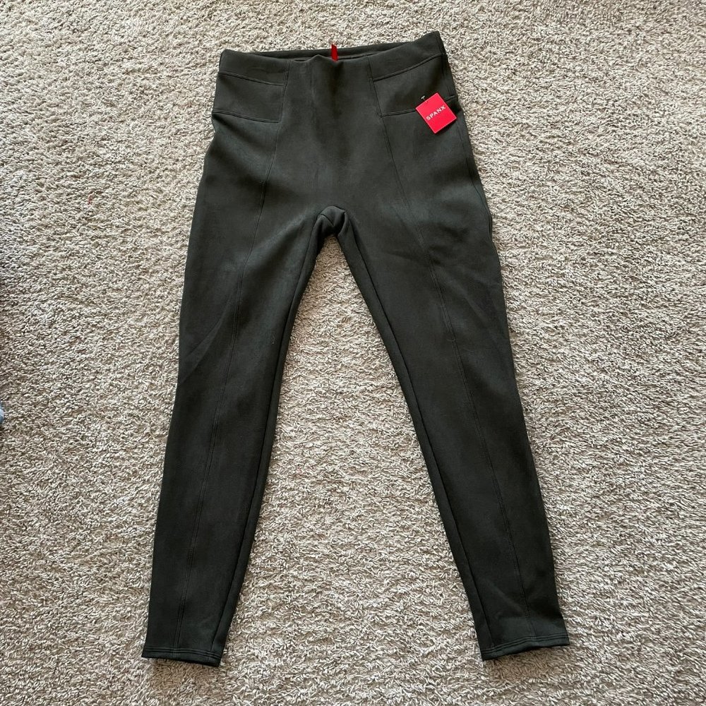 Spanx Faux Suede Olive Green High Rise Pull On Leggings Pants
